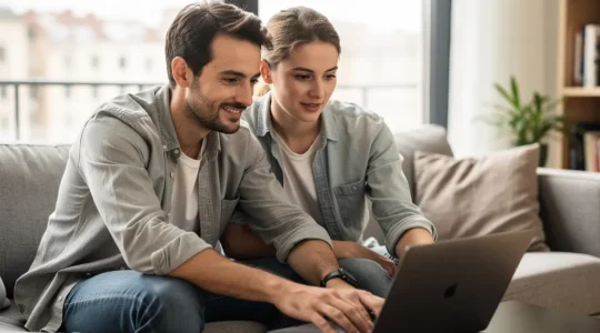 Couple français consultant une simulation de prêt immobilier sur ordinateur portable