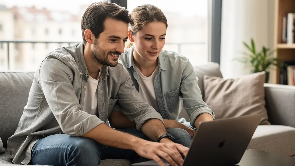 Couple français consultant une simulation de prêt immobilier sur ordinateur portable