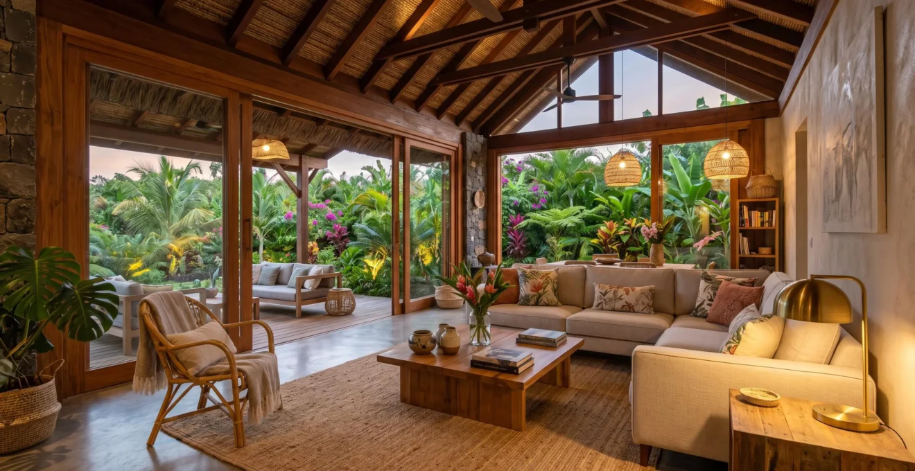 Intérieur lumineux d'une villa de luxe à la Réunion, salon ouvert sur un jardin tropical avec mobilier contemporain haut de gamme