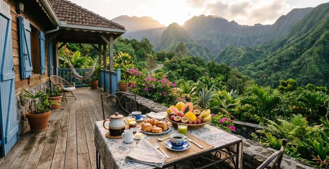 Terrasse d'une villa de standing à la Réunion avec table dressée pour le petit-déjeuner, vue sur la végétation tropicale luxuriante