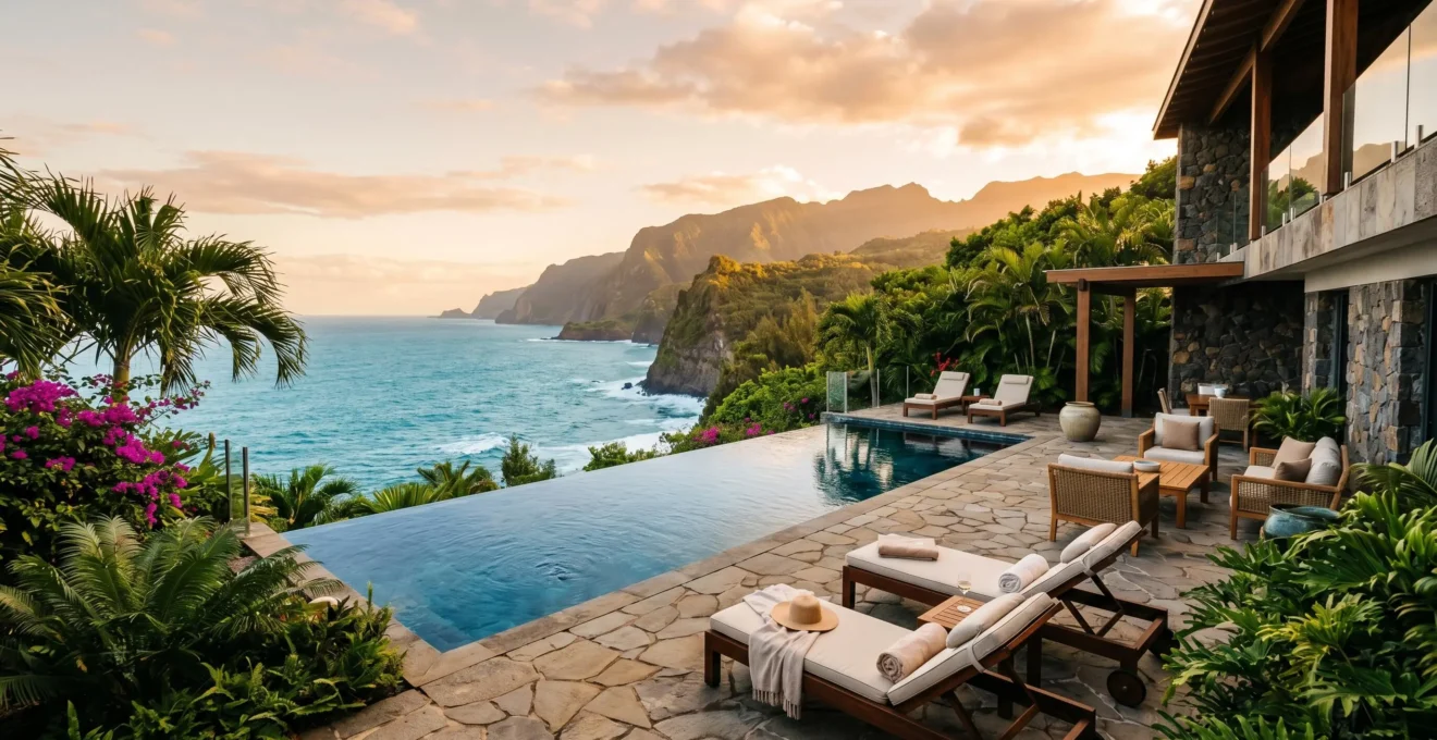 Villa de prestige avec piscine à débordement et vue panoramique sur l'océan Indien au coucher du soleil, île de la Réunion