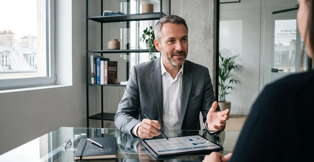 Conseiller financier quarantenaire expliquant avec une tablette numérique les modalités de financement d'un crédit relais à un client dans un bureau moderne
