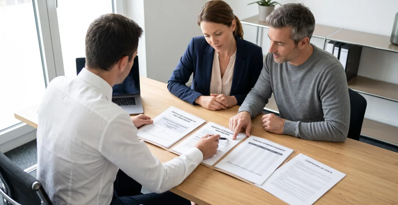 Couple quarantenaire consultant un dossier de crédit relais avec un conseiller bancaire dans un bureau contemporain, documents immobiliers étalés sur la table