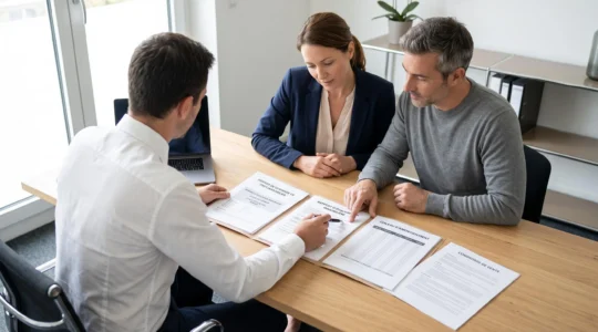 Couple quarantenaire consultant un dossier de crédit relais avec un conseiller bancaire dans un bureau contemporain, documents immobiliers étalés sur la table