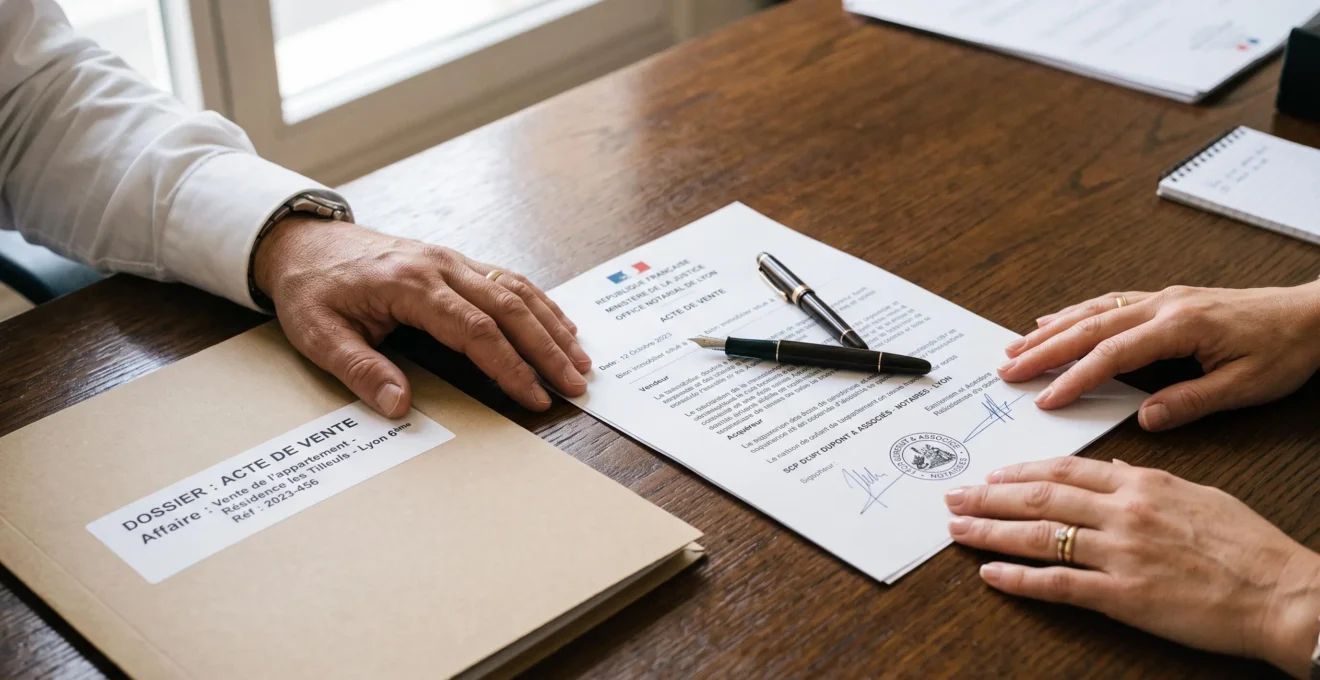 Gros plan sur deux mains adultes posées de part et d'autre d'un compromis de vente chez un notaire, stylo plume et tampon officiel visibles sur le document