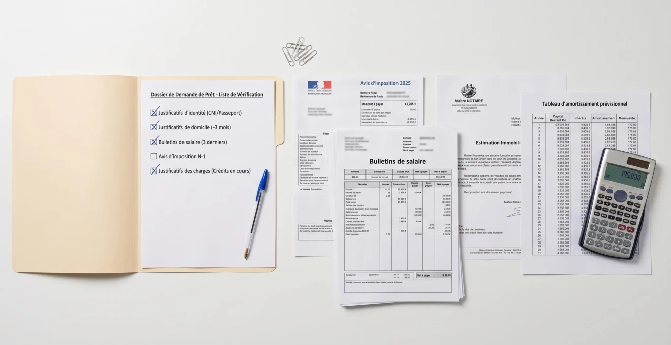 Vue de dessus d'un bureau blanc avec dossier de crédit relais ouvert, documents administratifs français empilés (avis d'imposition, fiches de paie, estimation notariale), calculatrice et stylo